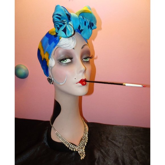 Vintage Blue & Yellow Long Floral Scarf made in Italy boho head wrap neck scarve - Picture 11 of 14